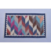 3x5 Baumwolle Handgewebt Blau Rand Traditionell Bunt Dhurrie Teppich - Teppich Design von SahjadCarpets