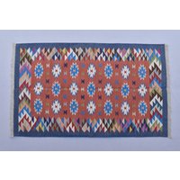 3x5 Baumwolle Handgewebt Blaue Borde Wunderschöne Traditionelle Bunte Dhurrie Teppich - Teppich Design von SahjadCarpets