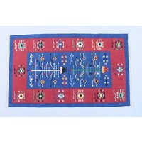 3x5 Baumwolle Indigo Blau Und Rot Teppich - Premium Design Handgewebt Wendbar Dhurrie Kelim von SahjadCarpets