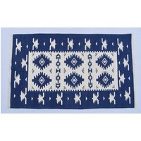 3x5 Oder 4x6 Dunkelblau Blau Weiß Baumwollteppich Dhurrie - Traditioneller Handgemachter Teppich von SahjadCarpets