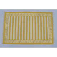 4x6 Goldgelbe Und Weiße Baumwolle Handarbeit Moderner Streifen Teppich - Flacher Web- Handgewebter Kelimteppich von SahjadCarpets