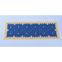 Indigo Blau Und Gelb Moderner Baumwoll Läufer Teppich - Handgewebter Kilim von SahjadCarpets