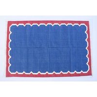Indigo Und Rote Baumwolle Handgemachter Moderner Muster Teppich - Flacher Web- Und Handgewebter Kelimteppich von SahjadCarpets