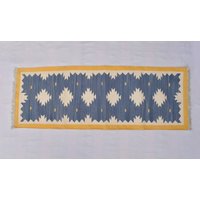 Verschiedene Größen Baumwolle Blau Und Gelb Mit Weißem Modernen Handgewebten Läufer Teppich - Wende Kilim von SahjadCarpets