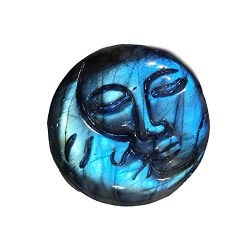 SaiDian 1 Stück Sonne Mond Gesicht Natürlicher Labradorit Heilkugelstein Quarz Geschnitzt Kristall Ornamente Dekor Reiki Mineralien Meditation Heimdekoration Blau von SaiDian