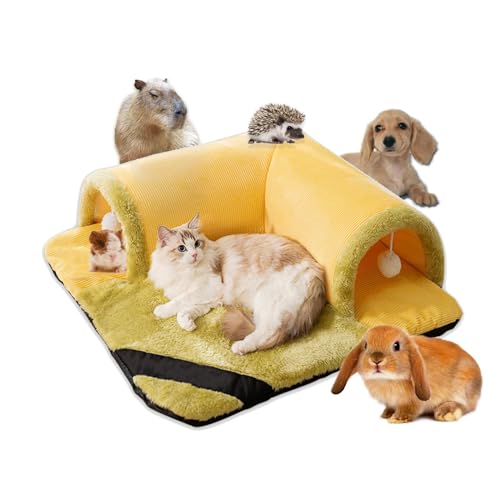 SaiDuoDuo 2-in-1-Decken und Tunnelbett, Katzenhöhle Katzenspieltunnel, Katzenbett für alle Jahreszeiten geeignet, tolles Geschenk für kleine Haustiere,Gelb,L von SaiDuoDuo