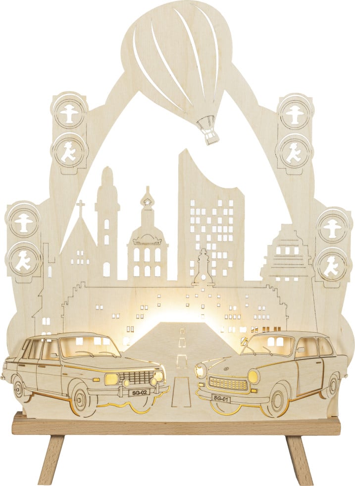 Saico LED-Dekoleuchte Trabant und Wartburg Holz 44 cm warmweiß natur von Saico