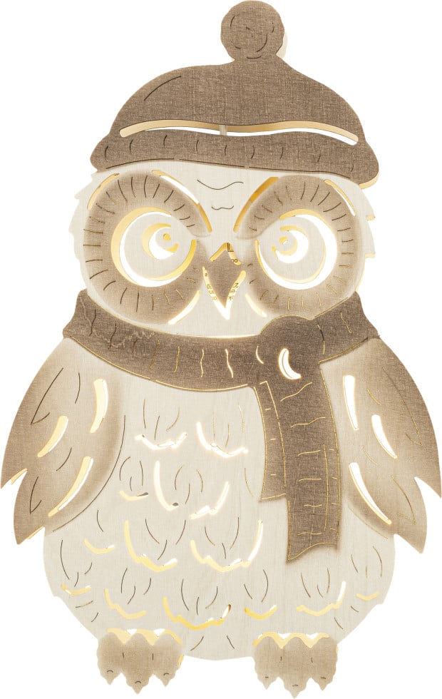 Saico LED-Fensterbild Winter-Eule Holz 30 cm warmweiß natur von Saico