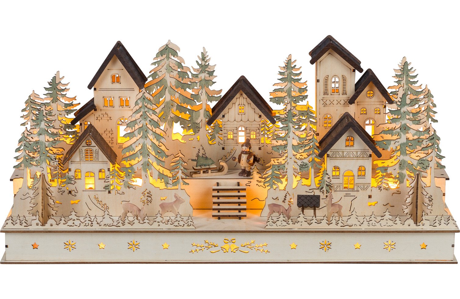 Saico LED-Weihnachtsdorf mit geschnitzten Figuren Holz 52 cm warmweiß natur von Saico