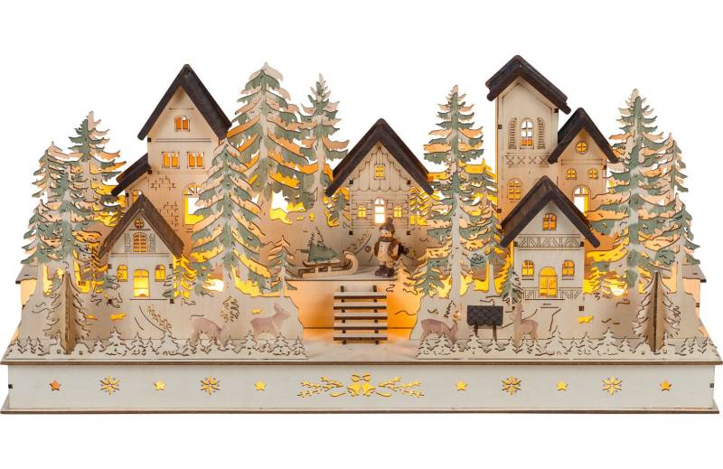 Saico LED-Weihnachtsdorf mit geschnitzten Figuren Holz 52 cm warmweiß natur von Saico