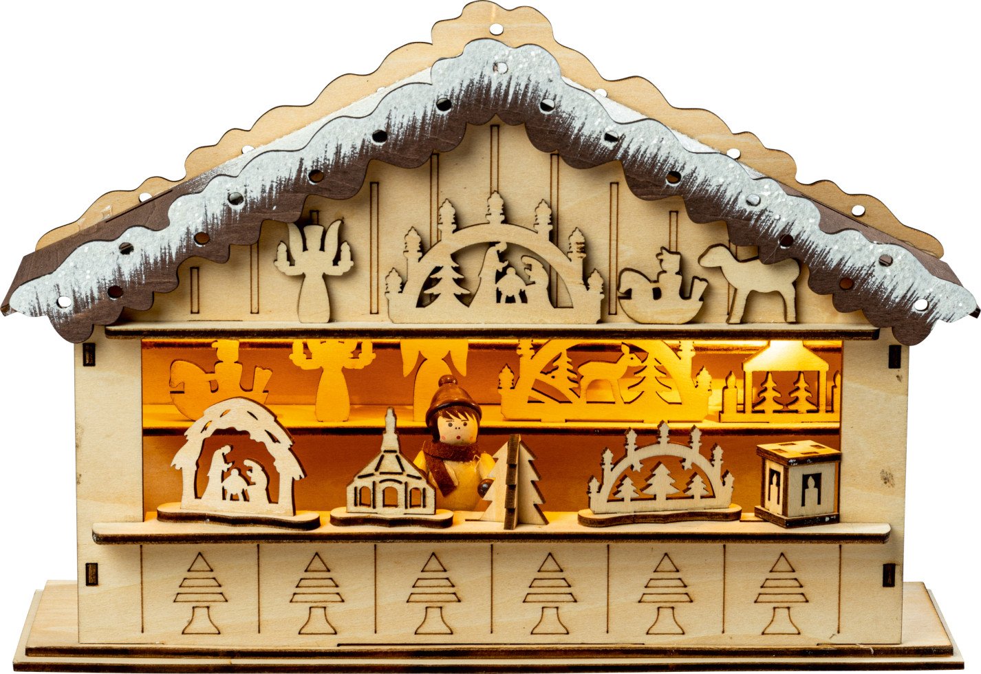 Saico LED-Weihnachtsmarkthütte mit Timer batteriebetrieben Holz 27 cm warmweiß natur von Saico