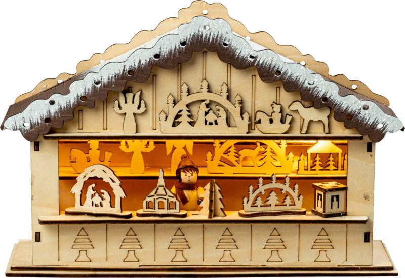 Saico LED-Weihnachtsmarkthütte mit Timer batteriebetrieben Holz 27 cm warmweiß natur von Saico
