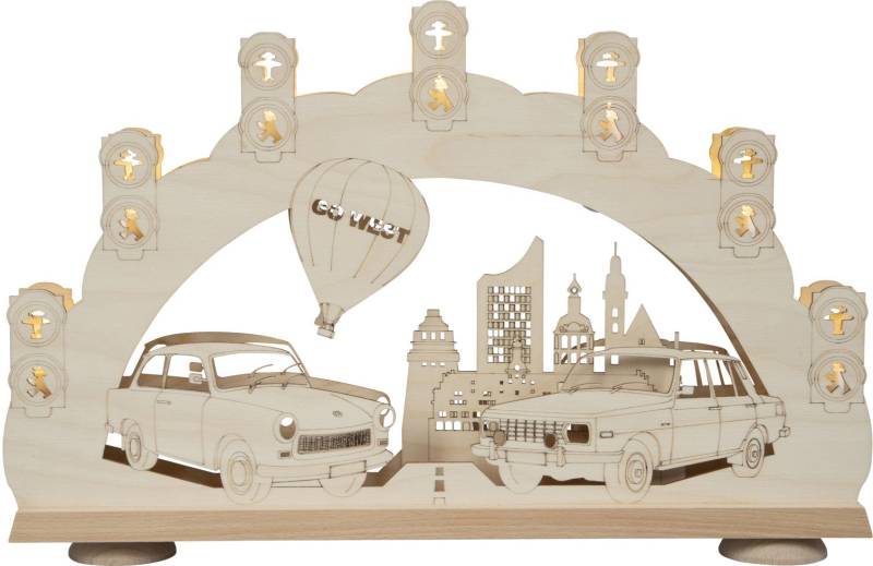 Saico Lichterbogen LED 3D Trabant und Wartburg Holz 52 cm warmweiß natur von Saico