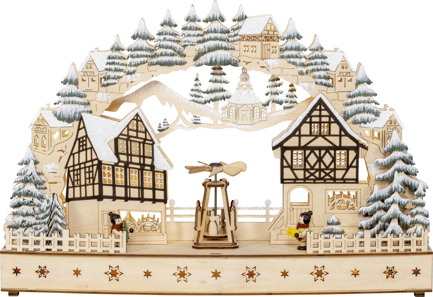 Saico Lichterbogen LED Fachwerkhäuser mit drehender Pyramide Holz 45 cm warmweiß natur von Saico
