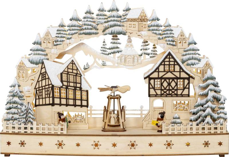 Saico Lichterbogen LED Fachwerkhäuser mit drehender Pyramide Holz 45 cm warmweiß natur von Saico