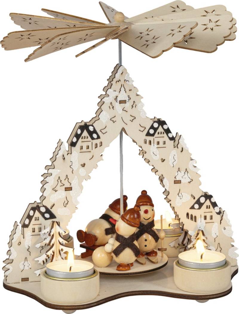 Saico Weihnachtspyramide Schneemänner für 4 Teelichter Holz 23 cm natur von Saico