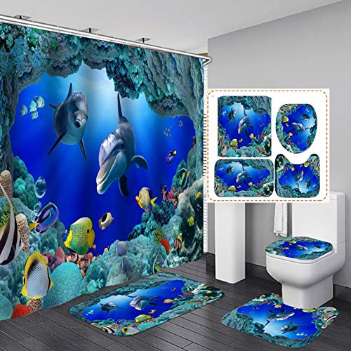 H-ENY Delphinsee-Duschvorhang & Toilettenmatte & WC-Deckel-Cover & rutschfeste Teppiche F?¡ì1r Badezimmerwannen-Eingang Wohnzimmer, Waschbar Badewanne Gardine Set von H-ENY