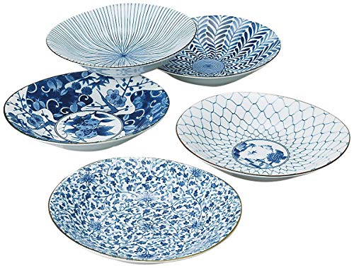 Saikai Pottery Traditionelle japanische Ai-e (Ukiyo-e) Porzellanteller mit Indigo-Muster (5 Teller-Set) 31302 aus Japan von Saikai Pottery