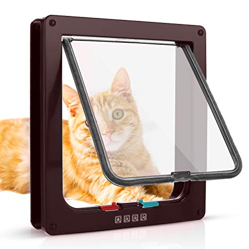 Sailnovo Katzenklappe Hundeklappe 19 * 20 * 5.5cm 4 Wege Magnet-Verschluss für Katzen und kleine Hunde - Hundetür Katzentür Haustierklappe (M, Braun) von Sailnovo
