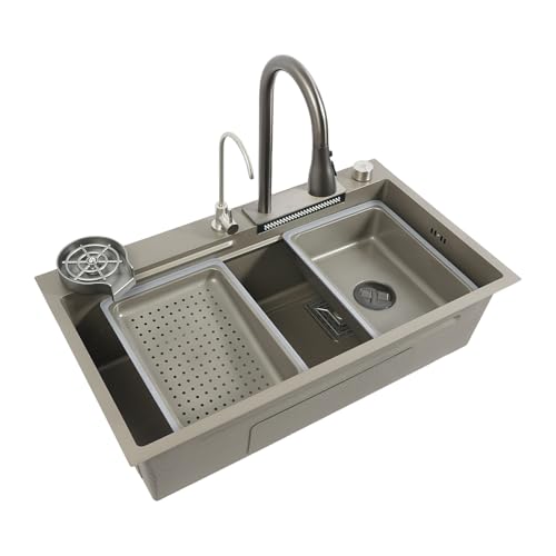 Küchenspüle 80 * 45cm Multifunktions-Wasserfallspüle Wasserhahn Auszug Länge 60cm Edelstahl-Spüle mit 360° Ausziehhahn & Zubehör Praktische, Einbauspüle 12.8kg Edelstahlspüle für Haushalt Gastronomie von SailorMoon