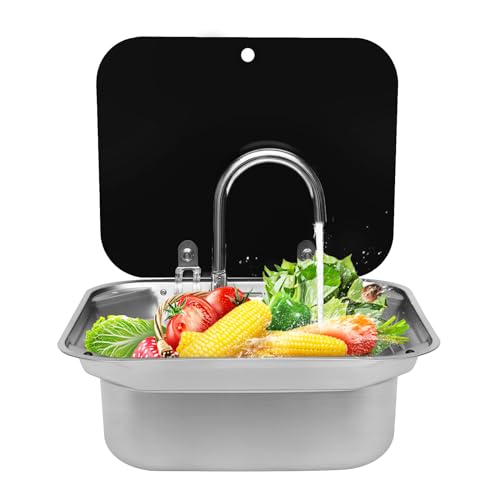 Wohnwagen Waschbecken Set Durchmesser 3.8cm Kompakte Wohnmobil Spüle Edelstahl 34*23.5*15cm Camping Spüle Bausatz mit Klappdeckel aus Gehärtetem Glas Rohre Wasserhahn,Waschbecken Set für Wohnwagen von SailorMoon