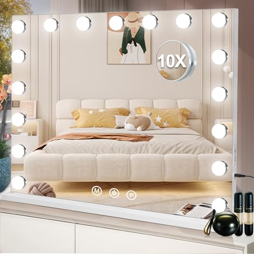 Saimeihome Schminkspiegel mit Beleuchtung Hollywood Spiegel mit 17 dimmbaren LED 3 Farbmodi, Tischspiegel mit Touch Control, USB Ladeanschluss und 10-Fach Vergrößerungsglas - 80x60cm Weiß von Saimeihome