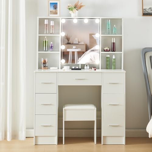 Saimeihome Schminktisch mit Beleuchtung & Spiegel - 3 Lichtfarbmodi, Weißer Frisiertisch mit Hocker, 7 Schubladen + 8 Fächer - für Schlafzimmer Kinderzimmer, 100x40x140cm Saimeihome Schminktisch mit Beleuchtung & Spiegel - 3 Lichtfarbmodi, Weißer Frisiertisch mit Hocker, 7 Schubladen + 8 Fächer - für Schlafzimmer Kinderzimmer, 100x40x140cm von Saimeihome