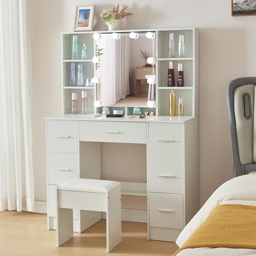 Saimeihome Schminktisch mit Spiegel und Hocker, Frisiertisch mit dimmbarer Beleuchtung in 3 Lichtmodi, Kosmetiktisch mit 7 Schubladen, 8 offene Fächer, 2 verdeckte Fächer, 100x40x140 cm Saimeihome Schminktisch mit Spiegel und Hocker, Frisiertisch mit dimmbarer Beleuchtung in 3 Lichtmodi, Kosmetiktisch mit 7 Schubladen, 8 offene Fächer, 2 verdeckte Fächer, 100x40x140 cm von Saimeihome
