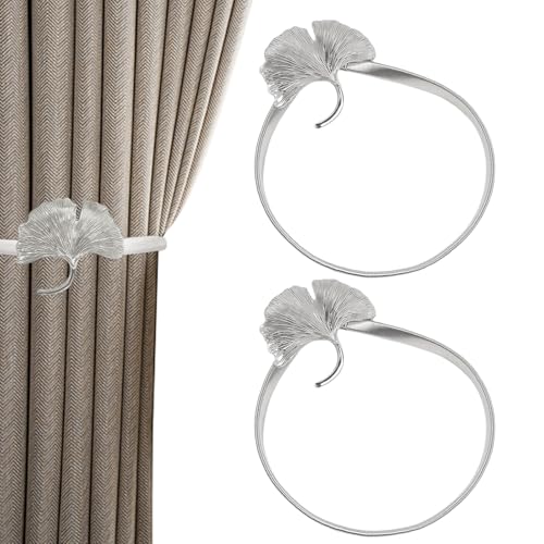 2 Stücke Vorhang Raffhalter,Vorhang Klammern aus Metall mit Federschnur Raffhalter für Vorhänge Seil Schnallen Vorhang Tiebacks Vorhang mit Halter Schnallen Vorhang Zubehör (Silber Blatt) von Saituo Home