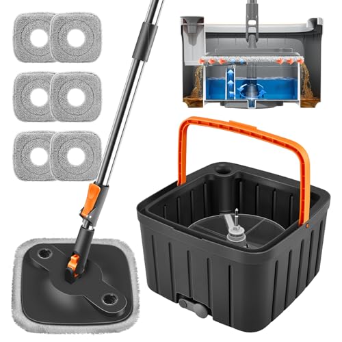 Sakerplus Spin Mop Set, Spin Mop und Eimer Set mit Selbsttrennung Dirty and Clean, Höhenverstellbar, 6 Waschbare Pads inklusive, Wischmopp Set für Böden, Wand, Fensterreinigung Sakerplus Spin Mop Set, Spin Mop und Eimer Set mit Selbsttrennung Dirty and Clean, Höhenverstellbar, 6 Waschbare Pads inklusive, Wischmopp Set für Böden, Wand, Fensterreinigung von SakerPlus
