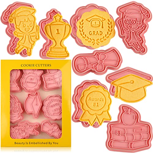 Sakolla Graduation Cookie Cutter Set, 8 Stück mit Kolbenstempeln, niedliche Ausstechformen für DIY Kekse, Snacks, Käse, Backen von Sakolla