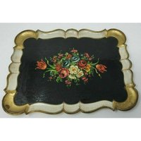 Vintage Italien 1960Er Melamin Melmac Tablett Schwarz Tole Bemalt Blumen Servieren, Platte, Vintage, Serviertablett von SakuraVintageShop