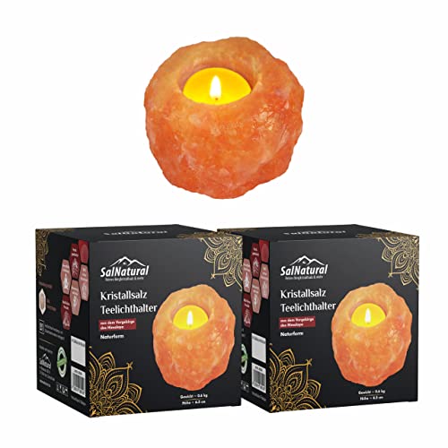 SalNatural 2er Pack Salzkristall Teelichthalter Rosa in Naturform Ø 8 cm Höhe 7 cm, handgearbeitetem Salzstein (bekannt als Himalaysalz aus der Salt Range Punjab Pakistan) Premium Geschenkbox von SalNatural Reines Bergkristallsalz & mehr