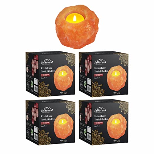 SalNatural 4er Pack Salzkristall Teelichthalter Rosa in Naturform Ø 8 cm Höhe 7 cm, handgearbeitetem Salzstein (bekannt als Himalaysalz aus der Salt Range Punjab Pakistan) Premium Geschenkbox von SalNatural Reines Bergkristallsalz & mehr