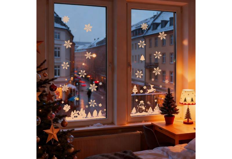 Salcar Fensterbild 153 Stk. Fensterbilder Weihnachten Groß Fensterdeko Selbstklebend Weiß, Wiederverwendbar, Häusern, Schneemann, Schneeflocken, Christbaumkugeln von Salcar