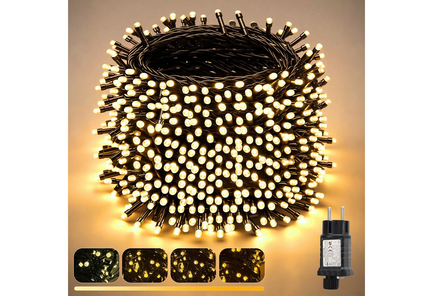 Salcar LED-Lichterkette LED Lichterkette Außen Weihnachtsbeleuchtung, 10m 150er LED, 9 Modi, Warmweiß bis Gelb(2800K-1800K) Dimmbar von Salcar