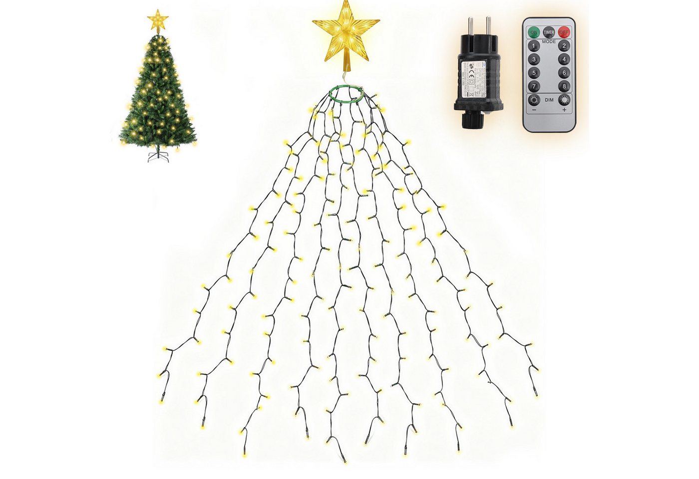 Salcar LED-Lichterkette LED Lichterkette Weihnachtsbaum mit Ring weihnachtsbaumbeleuchtung, Fernbedienung 1,5m 260 LED mit 10 Girlanden mit Baumspitze-Stern von Salcar
