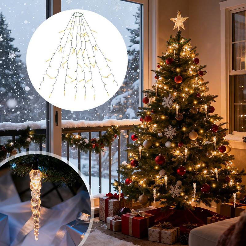 Salcar LED-Lichterkette Eiszapfen LED Lichterkette Weihnachtsbaum mit Warm+Kaltweiß funkelnden, 11 Modi/ 1,5m 8 Girlanden für 60cm - 150cm Tannenbaum von Salcar