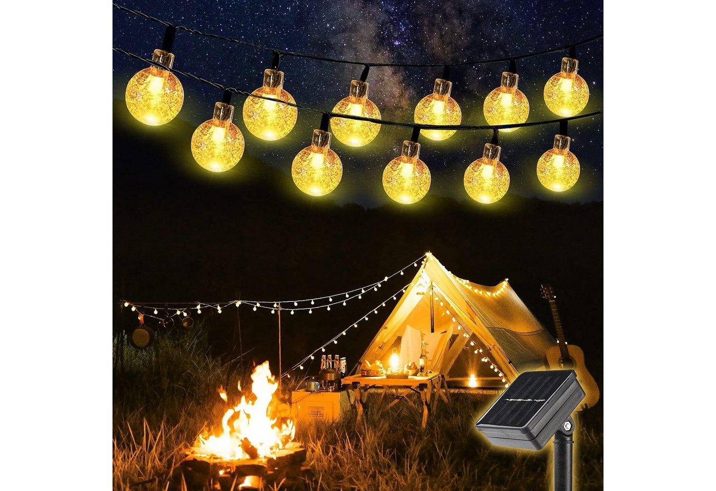 Salcar LED Solarleuchte 15m Solarlampe Außen 2 Lademodi USB & Solar Lichterkette Kugeln, Timer, LED fest integriert, Warmweiß, 3 Helligkeitsstufen, 8 Leuchtmodi, Timer- und Speicherfunktion von Salcar