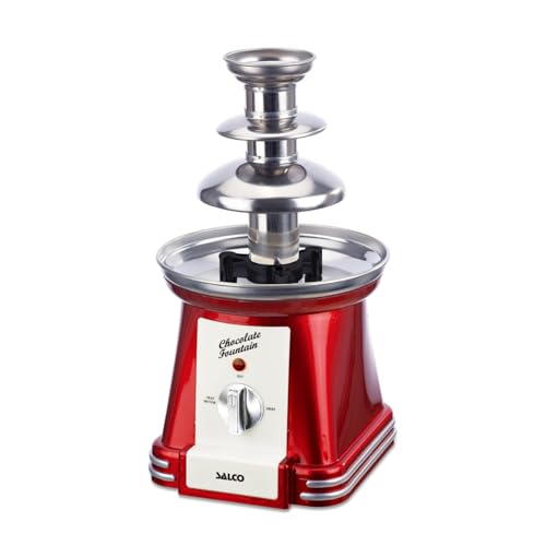 Salco Schokobrunnen | 3-stufiger Chocolate Fountain | Retro-Style | Edelstahl | Mit Wendelschnecke | 90 Watt | Perfekt für Früchte, Kekse & mehr | Leichte Reinigung | Metallic-Rot von Salco
