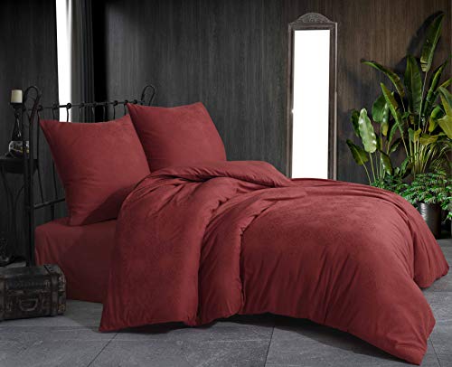 Damast Jacquard Mako Satin Bettwäsche Bettgarnitur Set Bettdeckenbezug 100 % Baumwolle Qualität mit Reißverschluss Kopfkissenbezug 80x80 cm Oeko-TEX (Damask Rot, 200 x 200 cm) von Sale and More