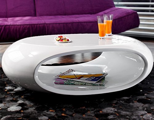 SalesFever Couch-Tisch Hochglanz weiß oval 100x70 cm aus Fiberglas | Ofu | Moderner Wohnzimmer-Tisch in Weiss mit Trendiger Optik durch High-Gloss Oberfläche 100cm x 70cm von SalesFever