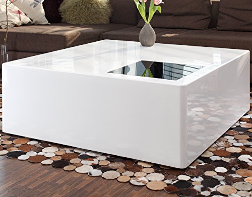 SalesFever Couch-Tisch weiß Hochglanz aus MDF 100x100cm quadratisch | Blox | Moderner Wohnzimmer-Tisch Weiss mit Schwarzglas 100cm x 100cm von SalesFever