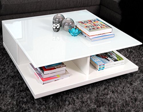 SalesFever Couch-Tisch weiß Hochglanz mit Schublade 100x100cm quadratisch | Carla | Moderner Wohnzimmer-Tisch mit Tischplatte aus Kristallglas Weiss 100cm x 100cm von SalesFever