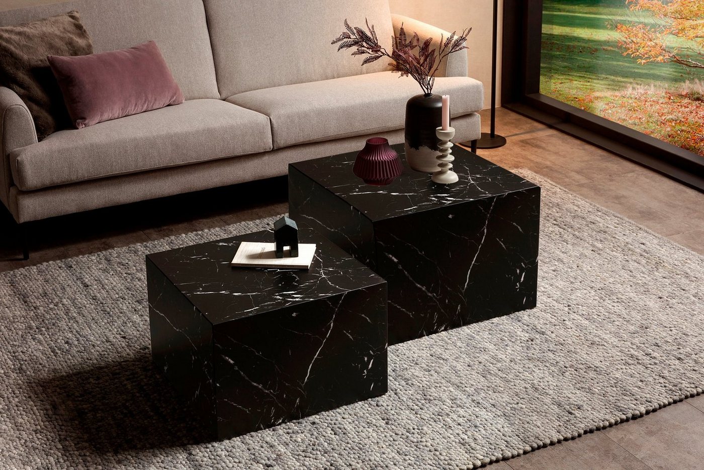 SalesFever Couchtisch Almeria - stilvoller Couch- und Beistelltisch (Set, 2-St., 2er Set), Quadratisches 2er-Set in edler Marmoroptik von SalesFever