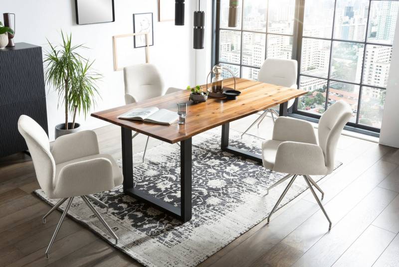 SalesFever Essgruppe Stilvolle Tischgruppe, (Set, 5-tlg), 5-teiliges Set: Tischplatte mit Baumkante, rostfreies Edelstahlgestell von SalesFever