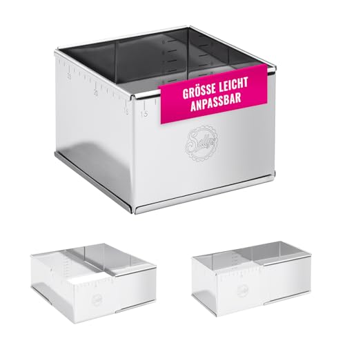 Sallys Backrahmen Quattro - Verstellbare Größe 14,5x14,5cm bis 26x26cm - 10,5cm hoch - Eckige Backform - Rostfreier Federbandstahl - mit Skalierung - Spülmaschinenfest von Sallys