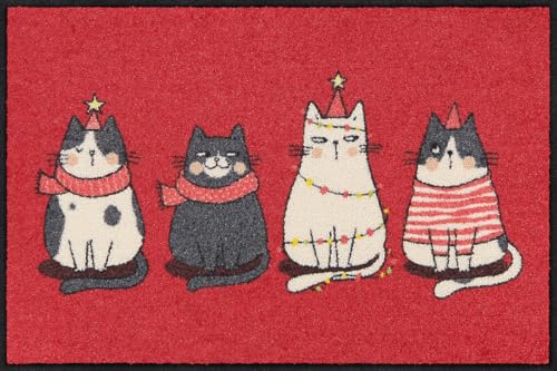 Salonloewe Fußmatte Meowy Christmas red | Schmutzfangmatte waschbar & rutschfest | Fußabtreter 100% PVC Frei für Innen & Außen (30 x 75 cm) von Salonloewe