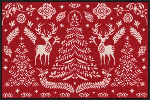 Salonloewe Fußmatte Scandi Forest red | Schmutzfangmatte waschbar & rutschfest | Fußabtreter 100% PVC Frei für Innen & Außen (30 x 75 cm) von Salonloewe