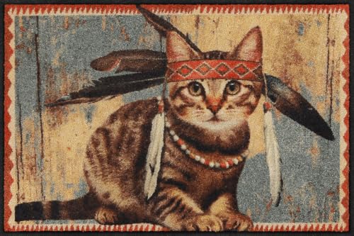 Salonloewe Fußmatte & Eingangsmatte Lakota- Waschbare Wohnmatte mit Katzenmotiv in 50 x 75 cm- Schmutzfangmatte & Sauberlauf mit Design von Salonloewe